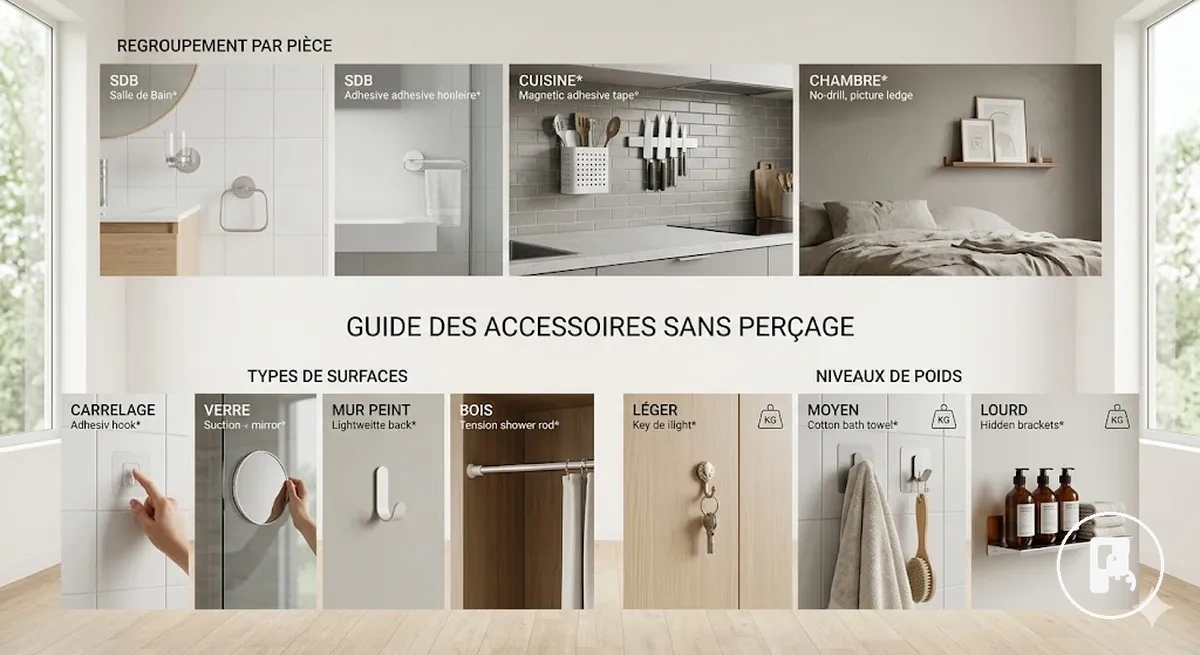 Accessoires de maison sans perçage regroupés par pièce, type de surface et poids prévu