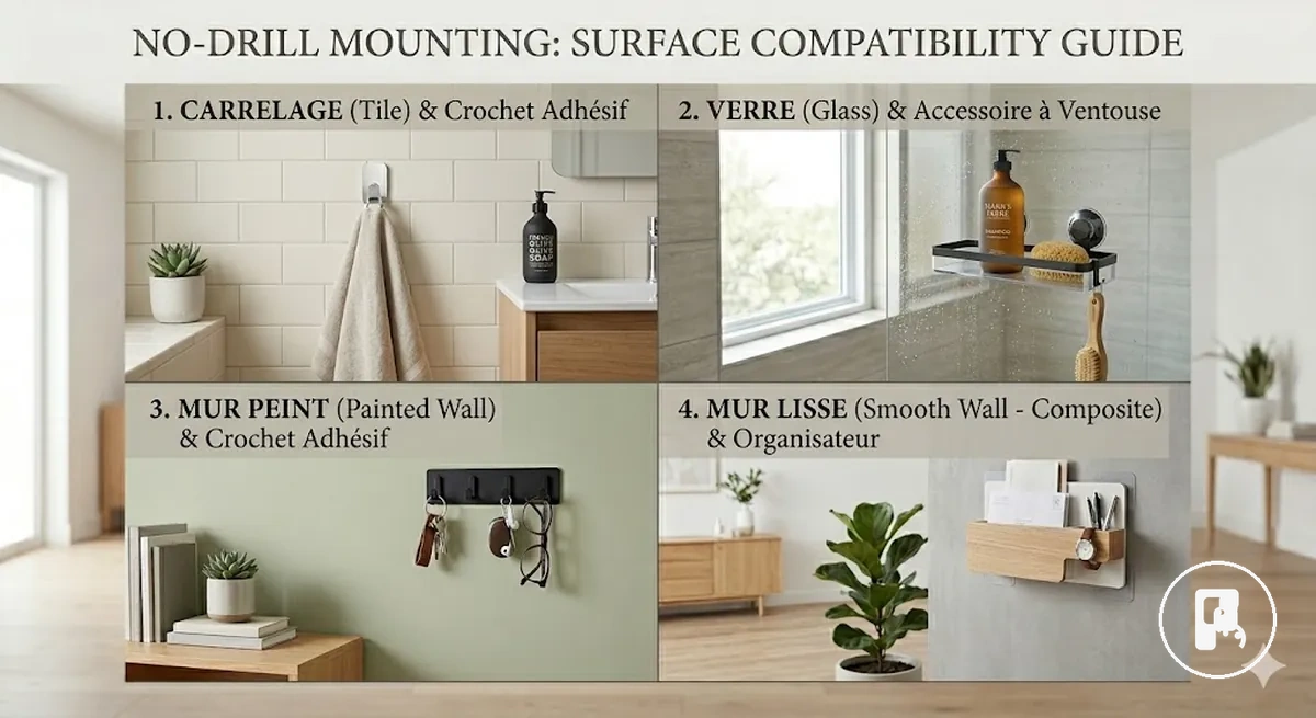 Accessoires de maison sans perçage installés sur carrelage, verre, mur peint et surfaces lisses