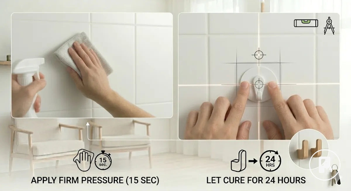 Installation étape par étape d’un accessoire de maison sans perçage sur une surface propre et lisse