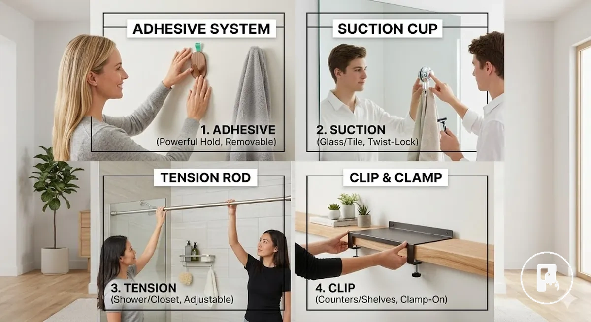Comparaison des méthodes de fixation adhésive, à ventouse, par tension et à clip pour accessoires sans perçage