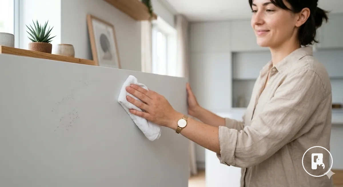 Surface murale lisse nettoyée et préparée avant l’installation d’accessoires de maison sans perçage
