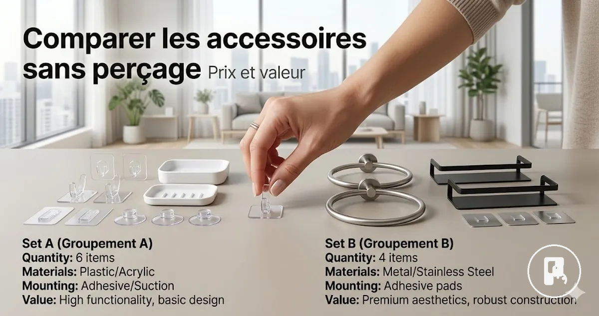 Accessoires de maison sans perçage comparés par matériau, type de fixation, quantité et valeur