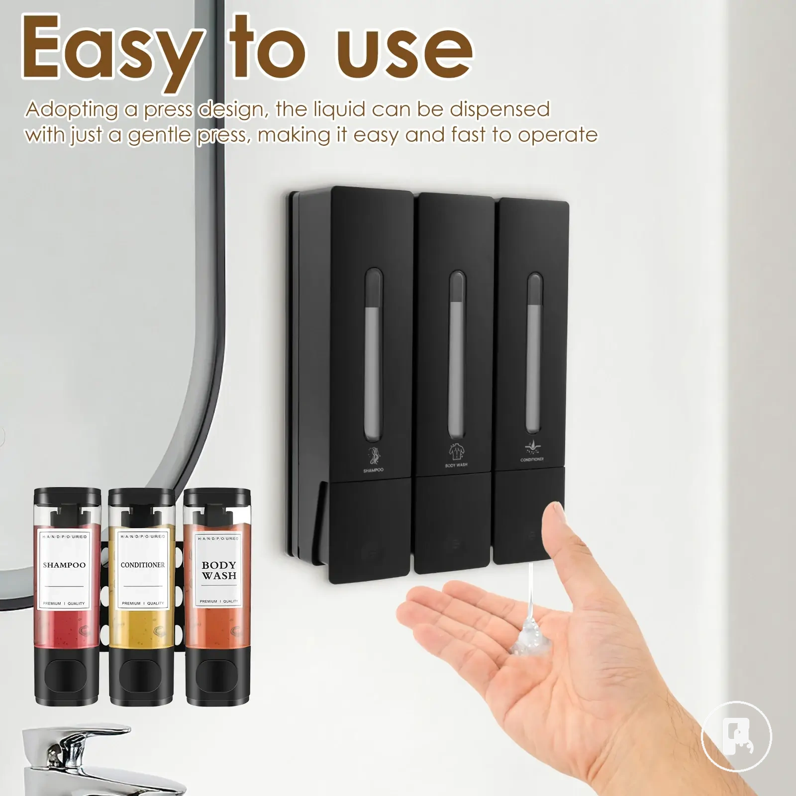 Distributeur mural triple sans perçage pour savon et shampoing