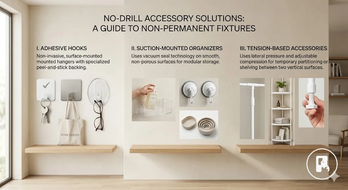 Exemples d’accessoires de maison sans perçage avec fixations adhésives, à ventouse et par tension