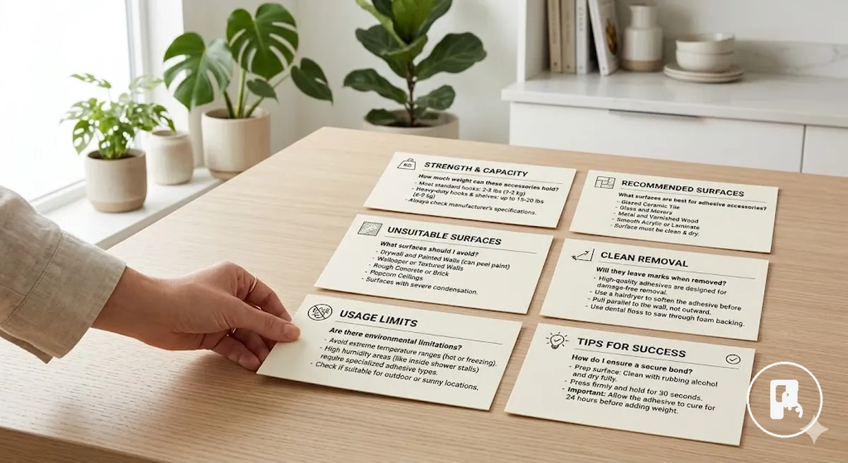 Cartes de questions sur les accessoires de maison sans perçage couvrant la tenue, les surfaces, le retrait et les limites