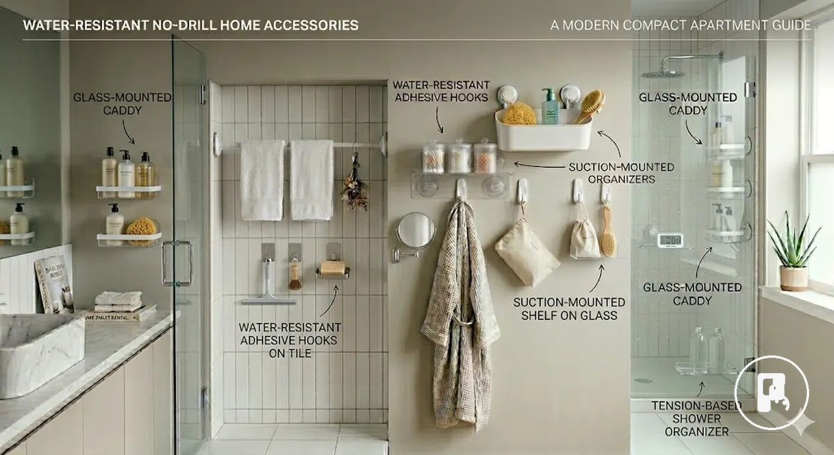 Accessoires de maison sans perçage résistants à l’eau installés sur carrelage de salle de bain et surfaces humides