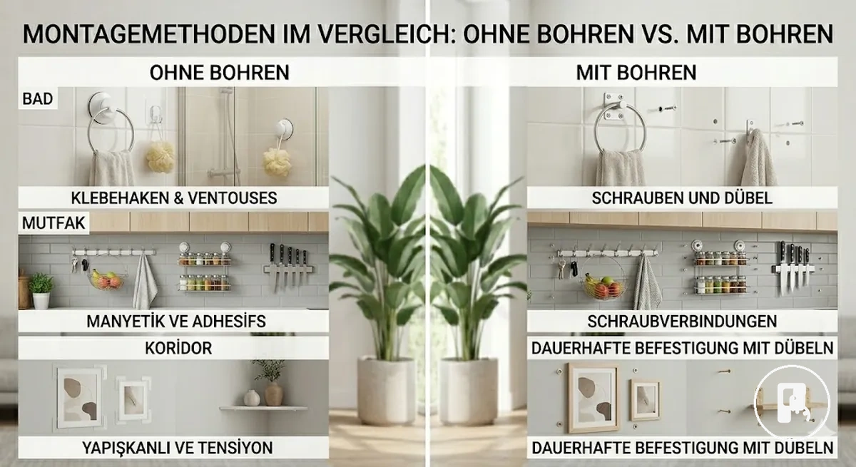 Comparaison côte à côte des options de fixation pour accessoires de maison sans perçage et avec perçage