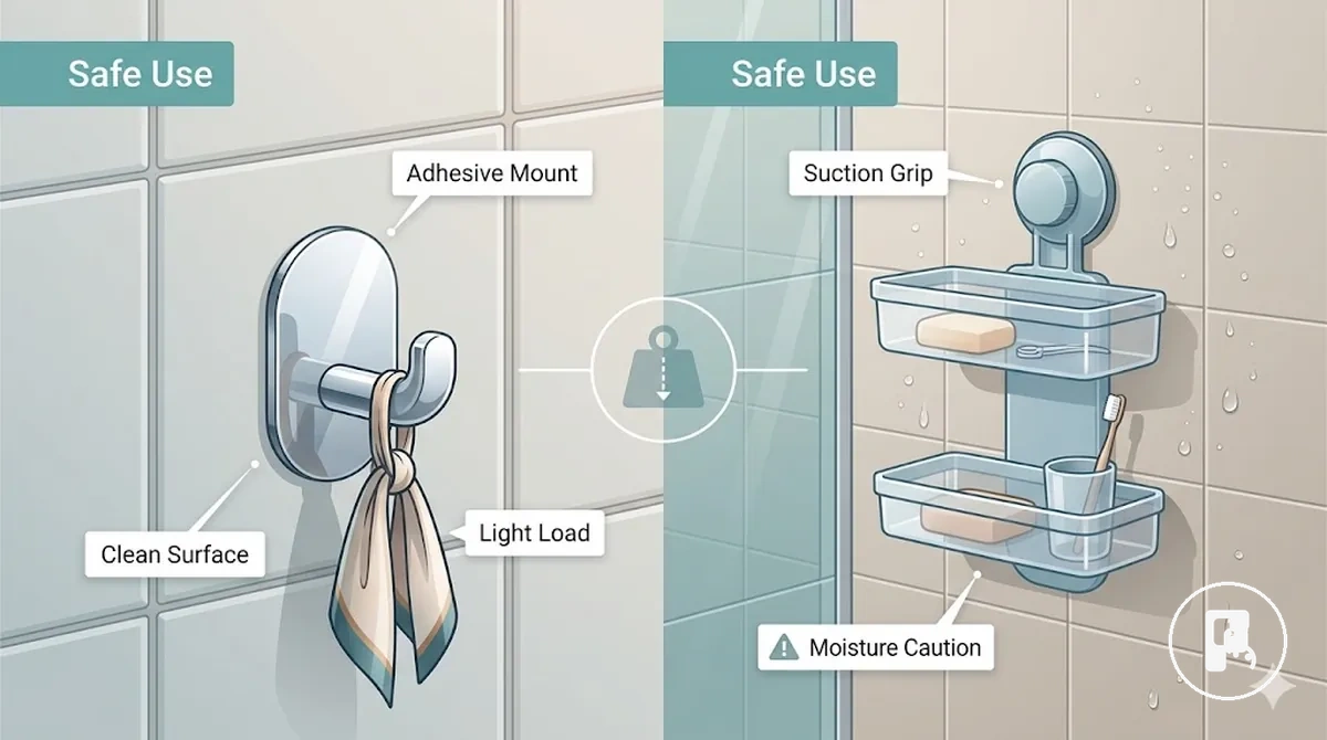 accessoire de maison sans perçage sur une surface propre et lisse avec des étiquettes de conditions de sécurité
