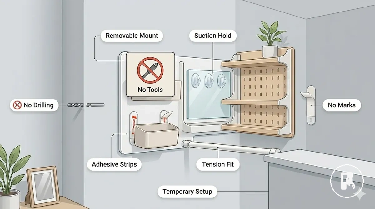 Accessoire sans perçage adapté aux locataires montrant une fixation amovible sur un mur lisse
