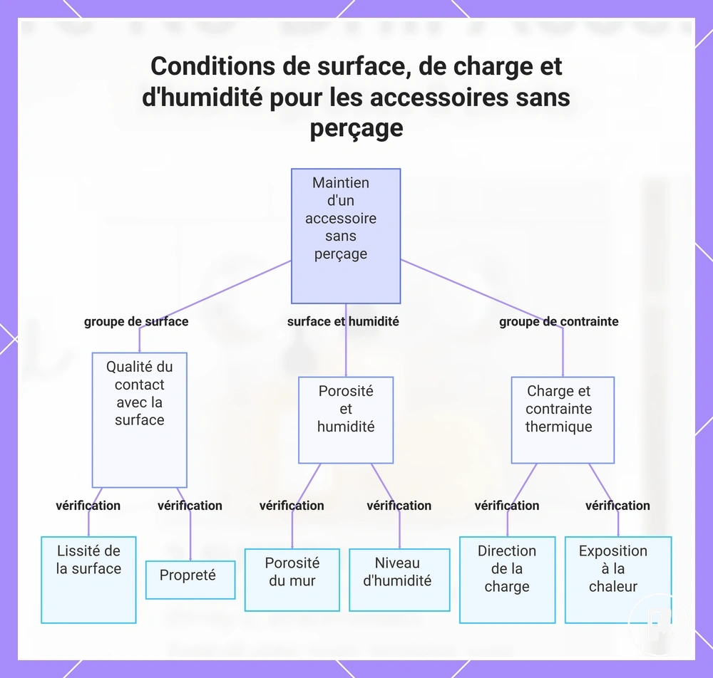 Conditions de surface, de charge et d'humidité pour les accessoires sans perçage