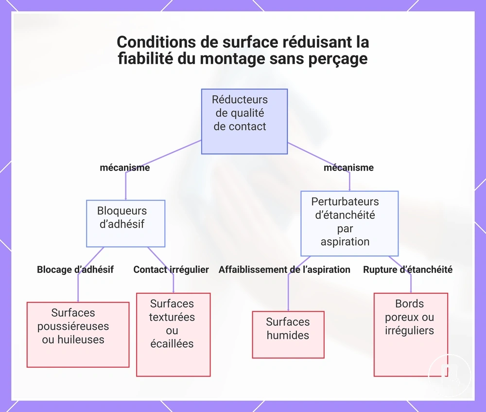 Conditions de surface réduisant la fiabilité du montage sans perçage