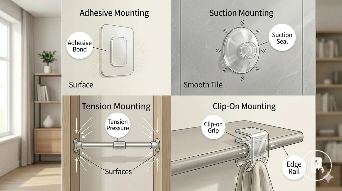 Diagramme montrant les différences entre les fixations sans perçage adhésive, à ventouse, par tension et par clip