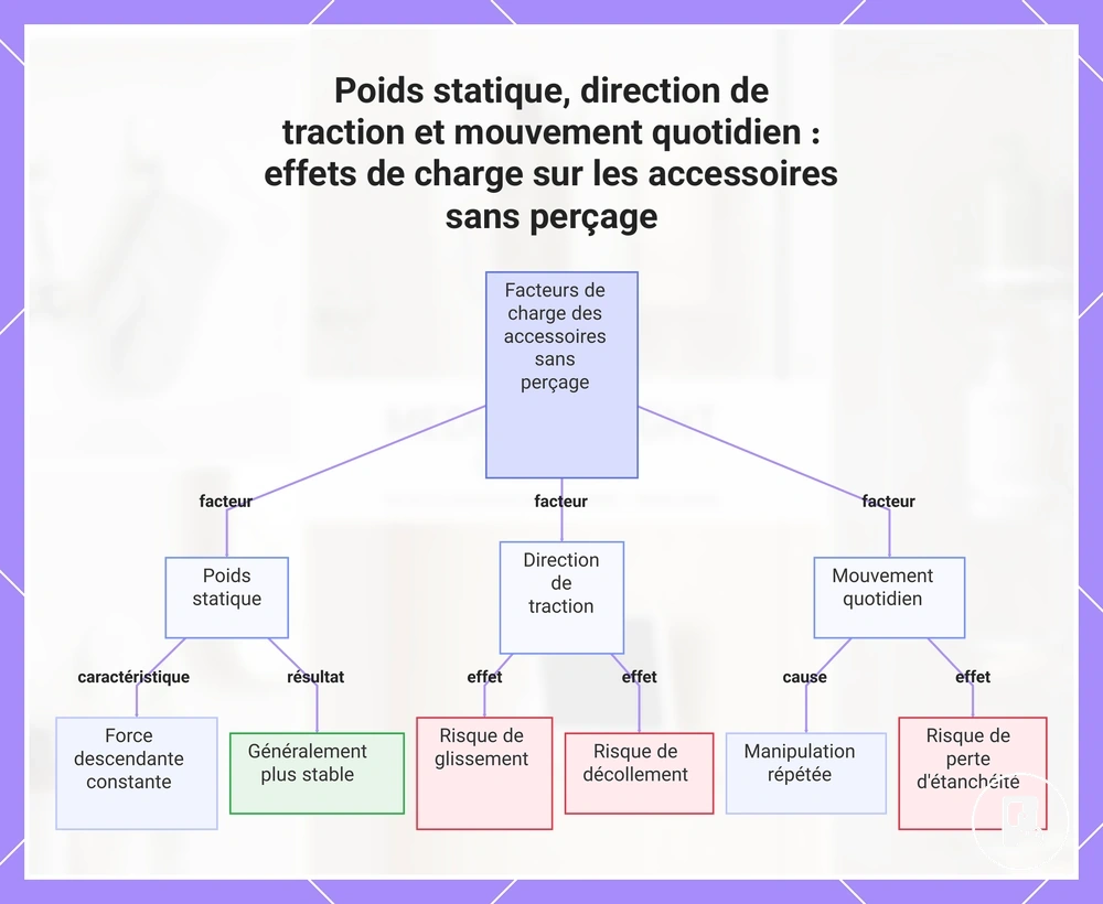 Poids statique, direction de traction et mouvement quotidien : effets de charge sur les accessoires sans perçage