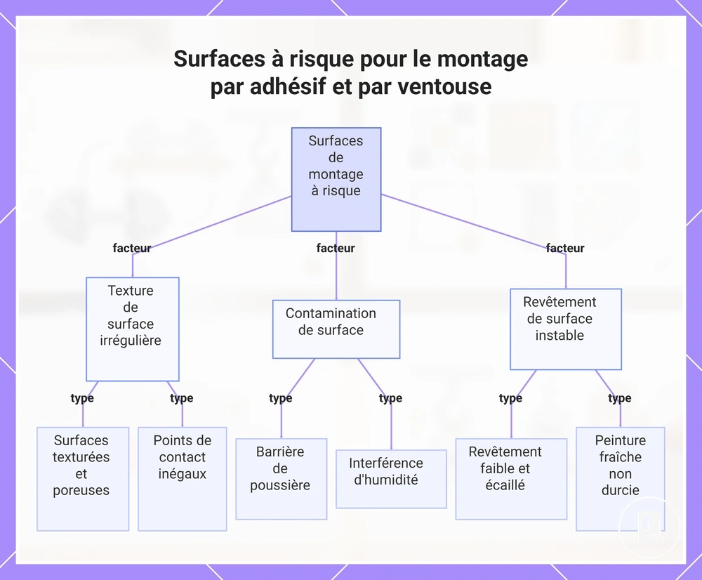 Surfaces à risque pour le montage par adhésif et par ventouse