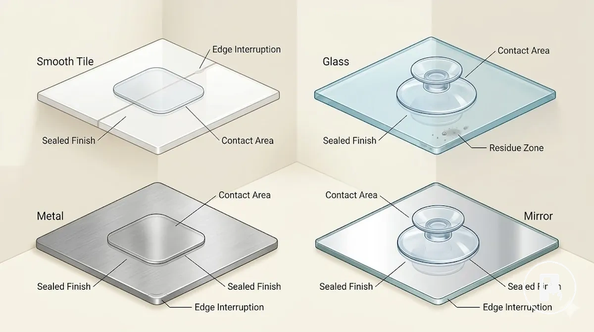 Surfaces lisses en carrelage, verre, métal et miroir montrant les zones de contact pour fixation sans perçage