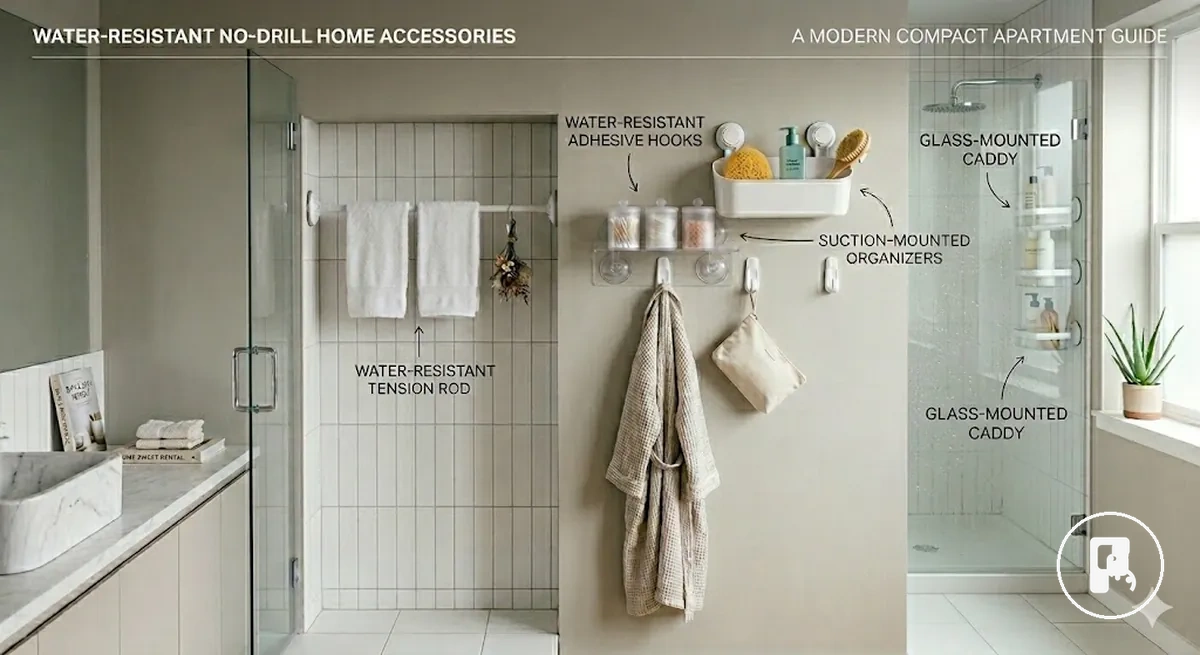 Acessórios para casa sem furar resistentes à água instalados em azulejos de banheiro e superfícies molhadas
