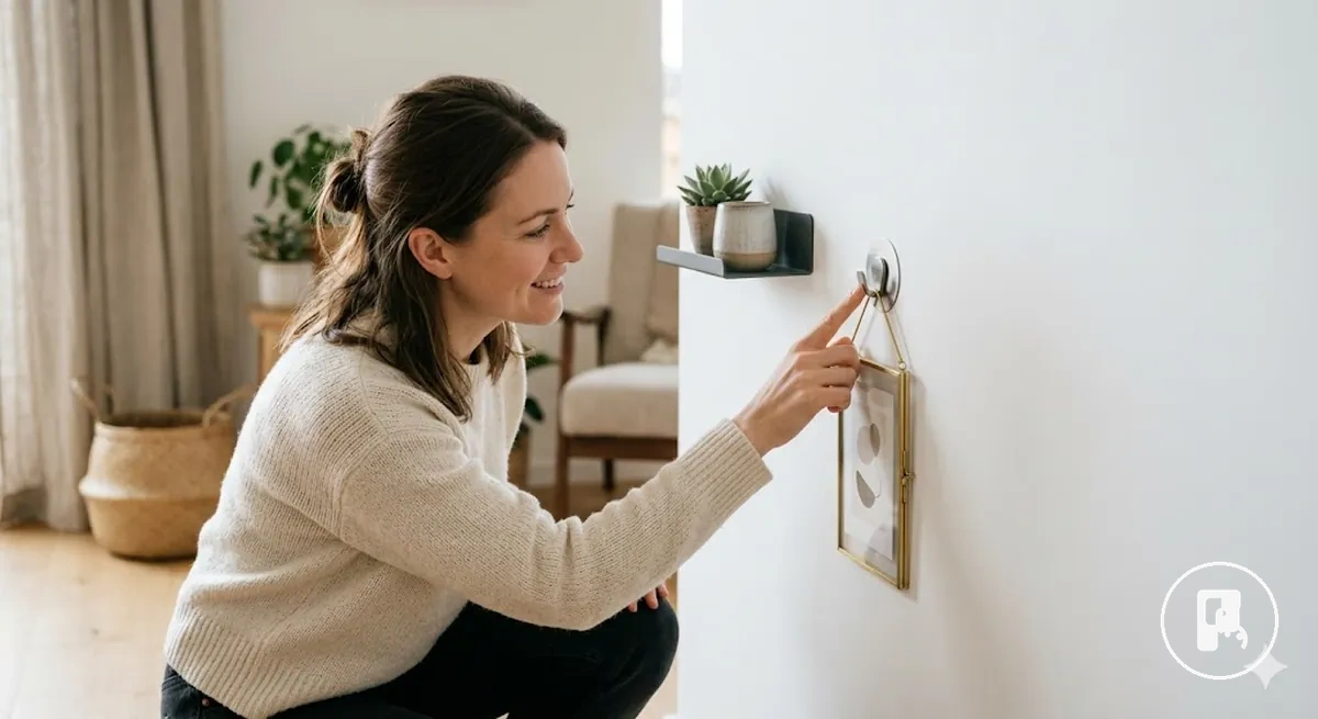 Montagem de parede sem danos usando acessórios para casa sem furar removíveis em uma superfície limpa