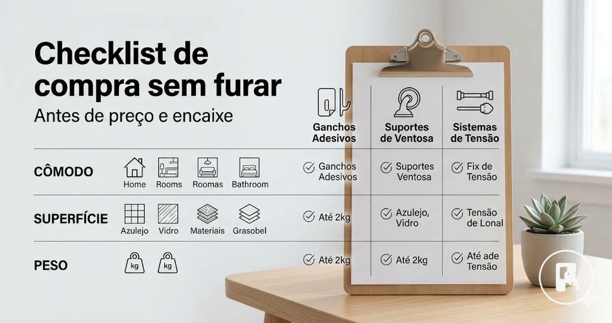 Lista para comparar acessórios para casa sem furar antes de avaliar preço e encaixe