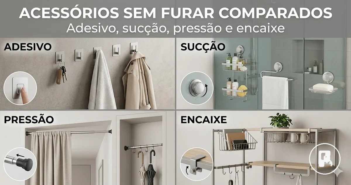 Comparação entre métodos de fixação sem furar com adesivo, sucção, pressão e encaixe