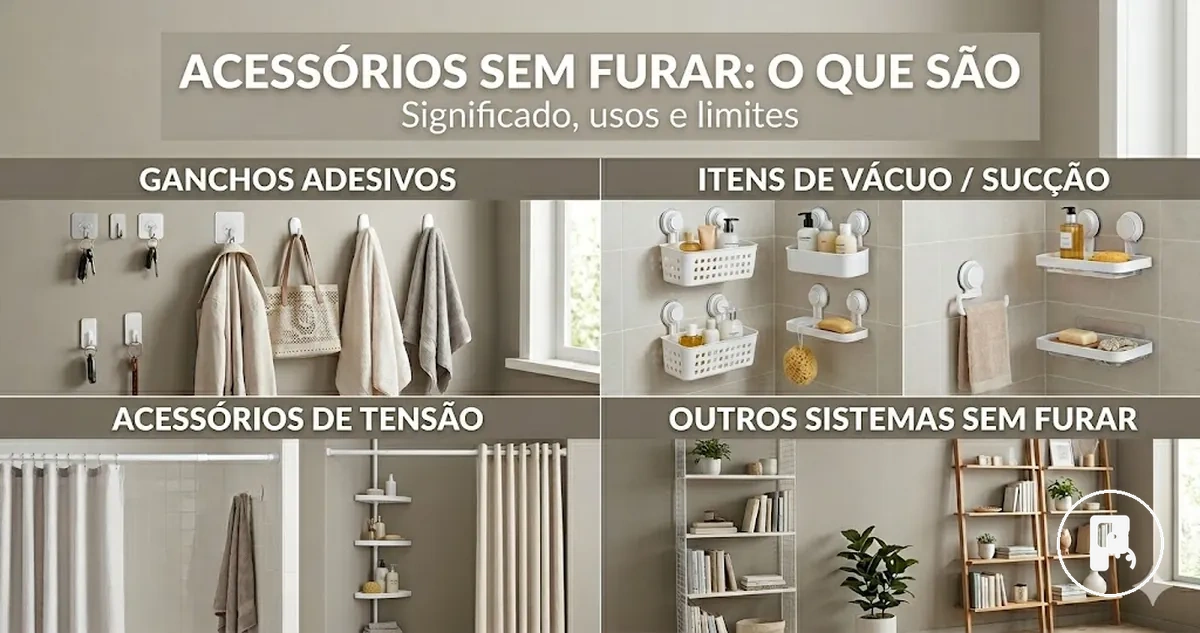 Exemplos de acessórios para casa sem furar com fixação adesiva, por sucção e por pressão
