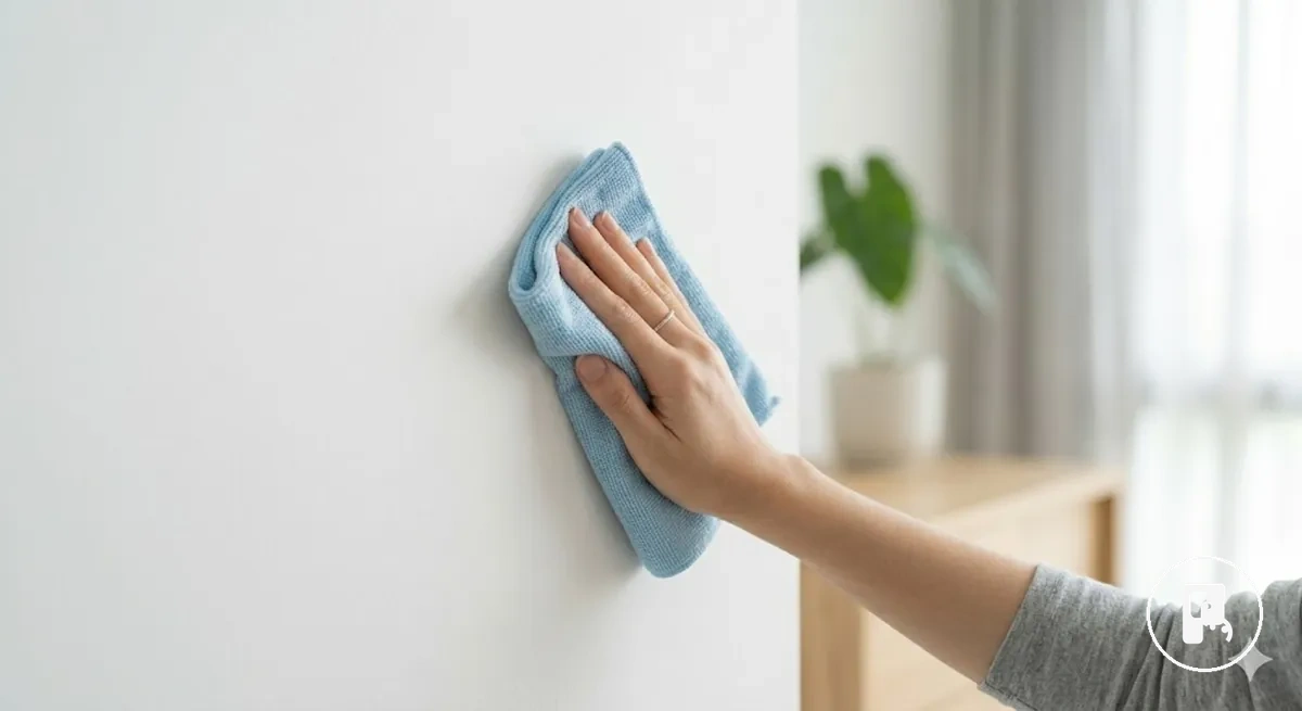 Superfície lisa de parede sendo limpa e preparada antes da instalação de acessórios para casa sem furar