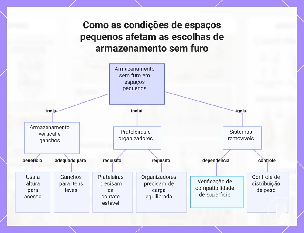 Como as condições de espaços pequenos afetam as escolhas de armazenamento sem furo