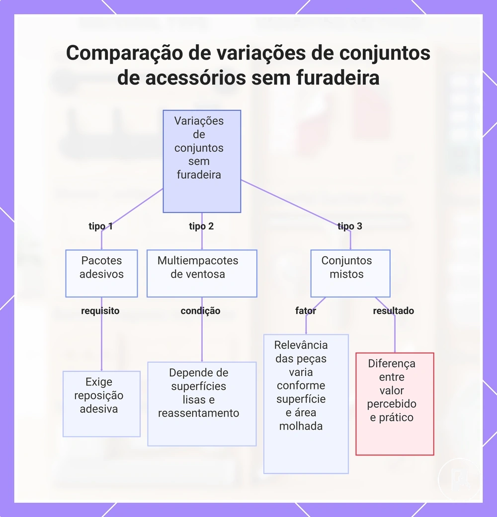 Comparação de variações de conjuntos de acessórios sem furadeira