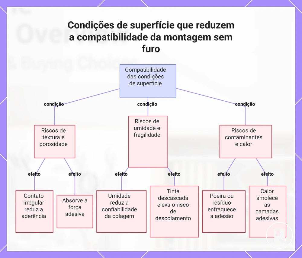 Condições de superfície que reduzem a compatibilidade da montagem sem furo