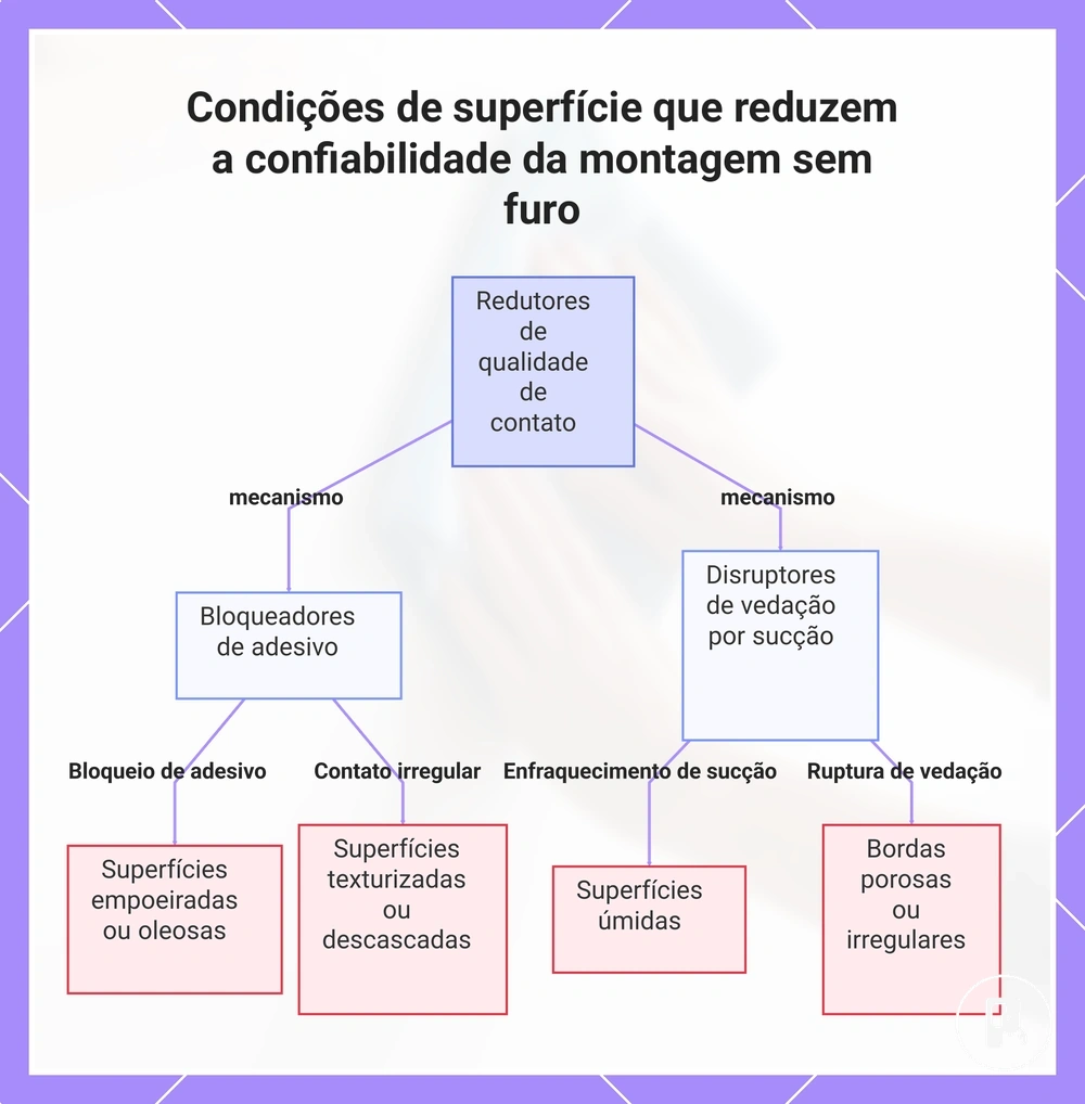 Condições de superfície que reduzem a confiabilidade da montagem sem furo