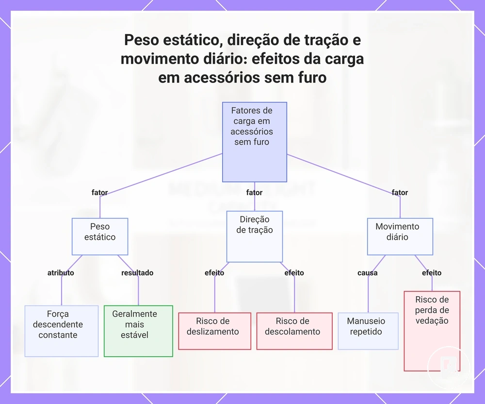 Peso estático, direção de tração e movimento diário: efeitos da carga em acessórios sem furo