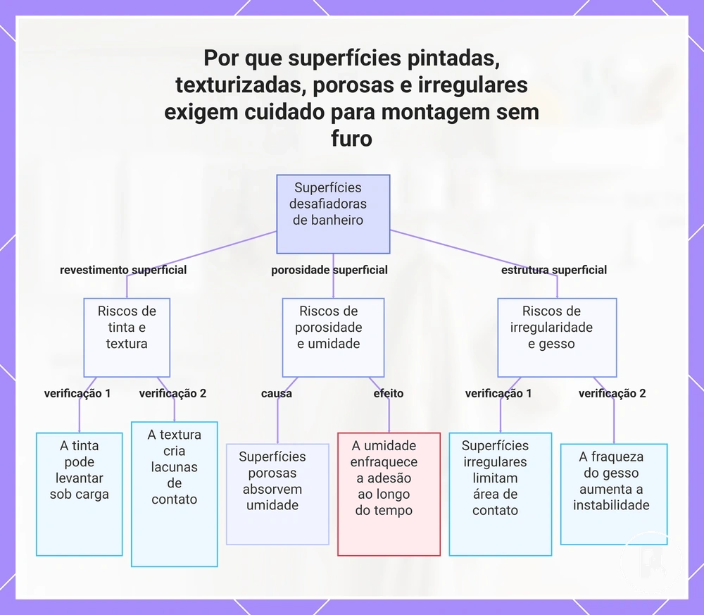 Por que superfícies pintadas, texturizadas, porosas e irregulares exigem cuidado para montagem sem furo