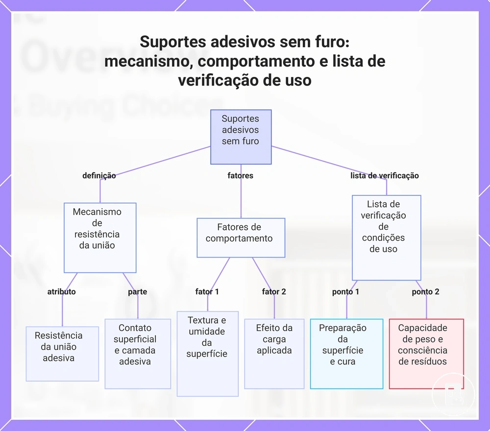 Suportes adesivos sem furo: mecanismo, comportamento e lista de verificação de uso