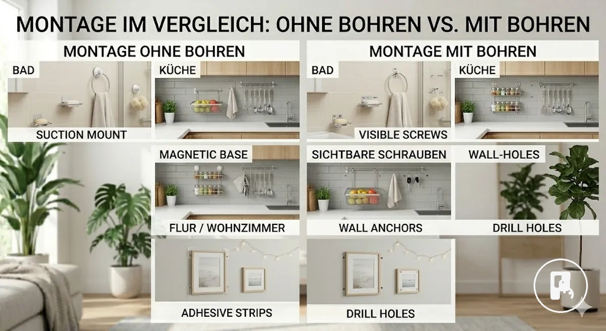 Comparação de opções de montagem para acessórios de casa sem furar e com furação