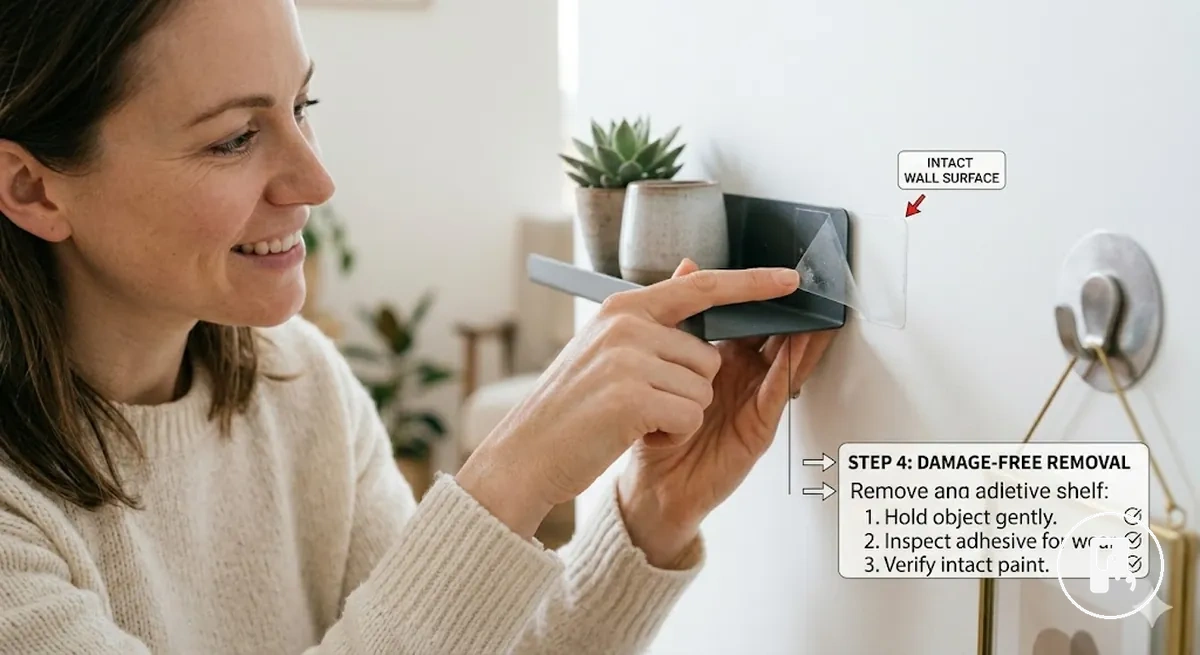 Temiz bir yüzeyde çıkarılabilir matkapsız ev aksesuarlarıyla hasarsız duvar kurulumu