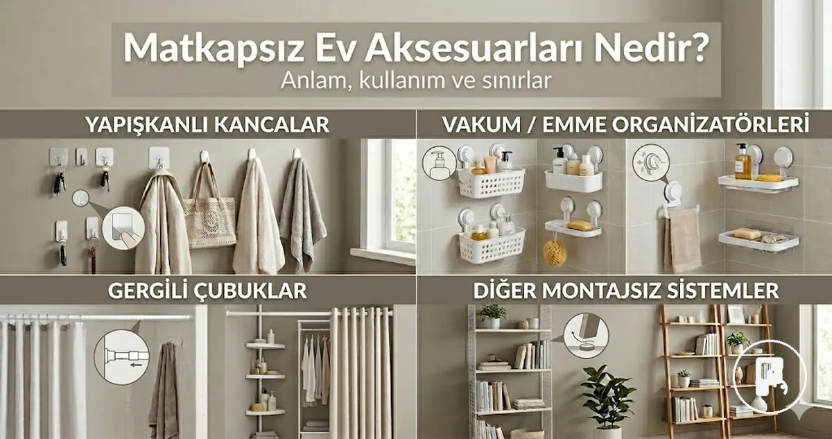 Yapışkanlı, vantuzlu ve sıkıştırmalı montaj türlerini gösteren matkapsız ev aksesuarı örnekleri