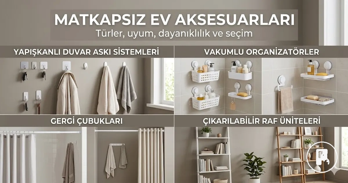 Montaj türüne ve evde kullanım alanına göre düzenlenmiş matkapsız ev aksesuarları