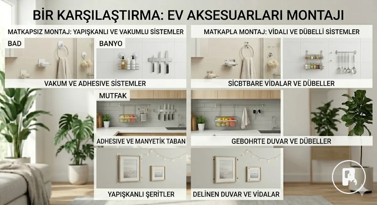 Matkapsız ve matkapla takılan ev aksesuarı montaj seçeneklerinin karşılaştırması