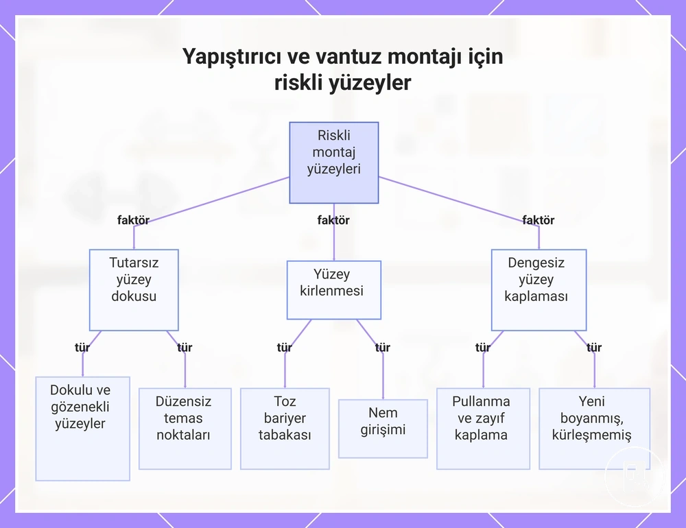 Yapıştırıcı ve vantuz montajı için riskli yüzeyler